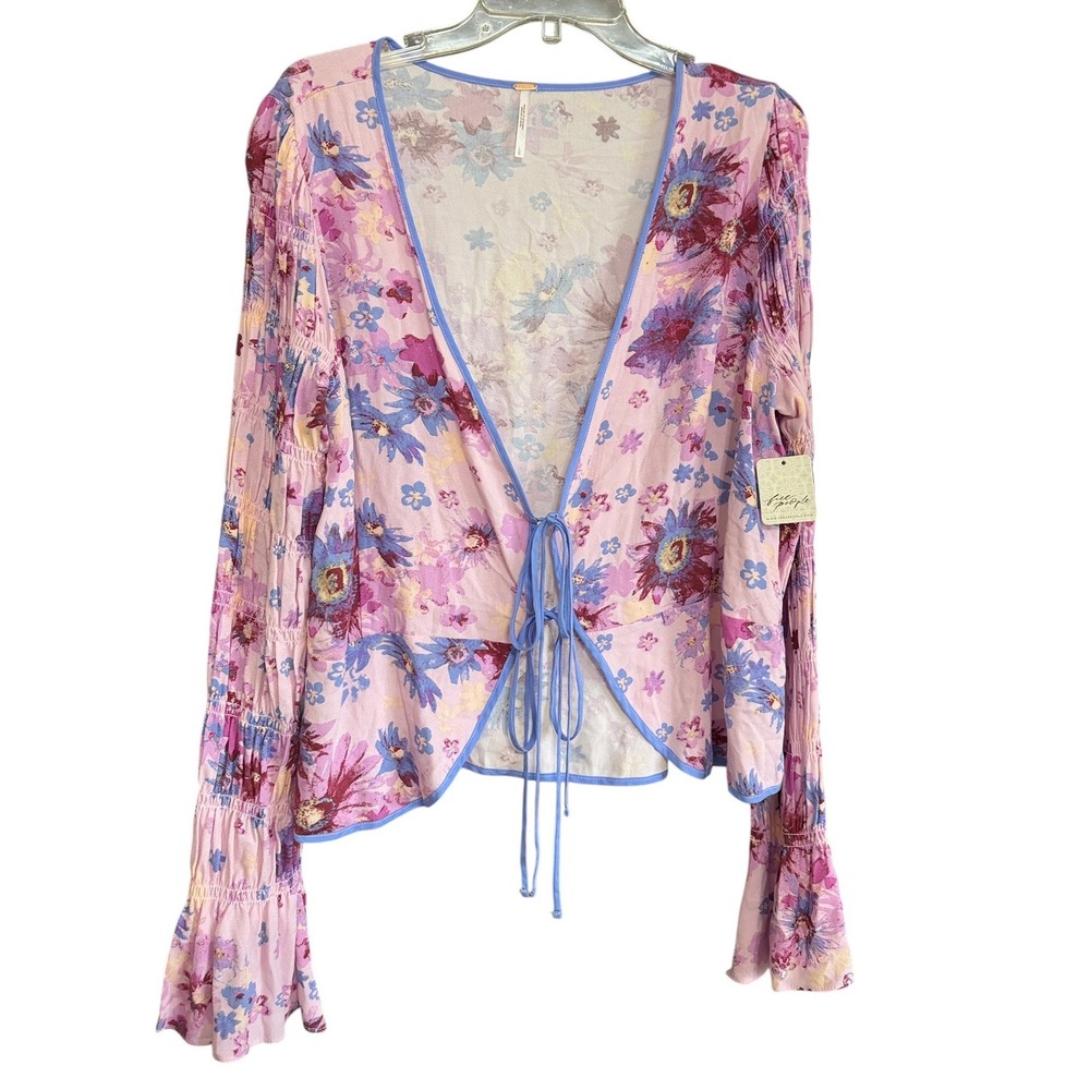 NEW Free People Floral Tie Front Smocked Bell Sleeve Cardigan Top Pink Purple L